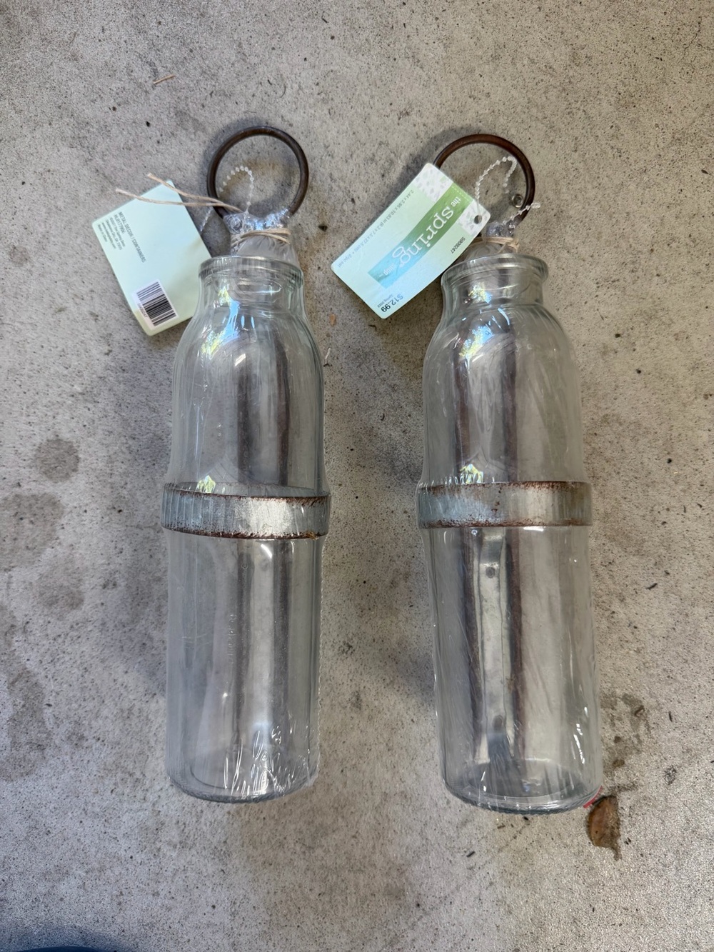 Clear Glass Hanging Lanterns with Rustic Metal Rings - Pair